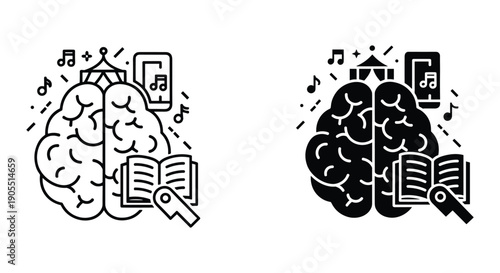 Brain with Book and Music Notes Illustration in Black and White Style