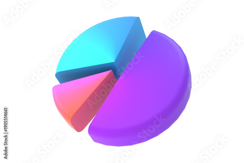 A 3D pie chart with purple, blue, and pink sections viewed from above, illustrating data distribution in a business context.