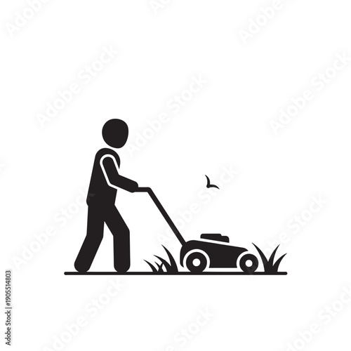 A simple black and white silhouette icon of a person mowing a lawn with a push mower, with grass and a bird flying in the background.