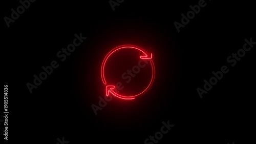 A vibrant red neon sign depicts a circular arrow suggesting a continuous loop or recycling process in darkness