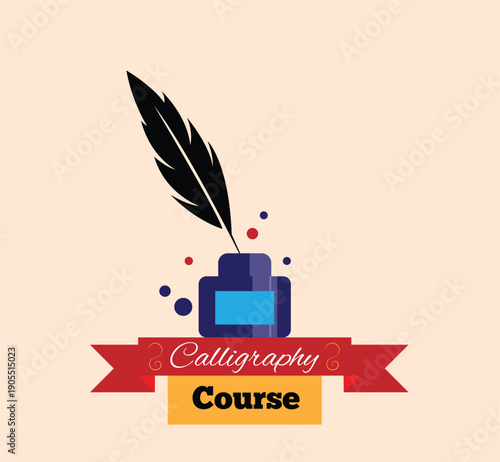Calligraphy Course Banner with Quill and Ink Bottle. Learning handwriting and educational programs vector art