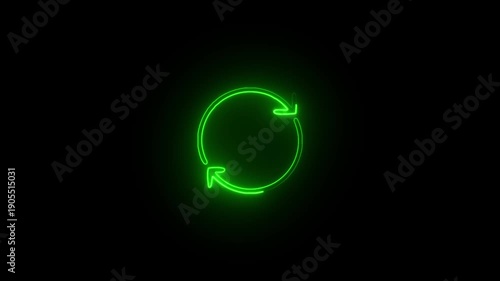 A vibrant green neon recycling symbol glows against a stark black background representing sustainability and circularity high quality professional