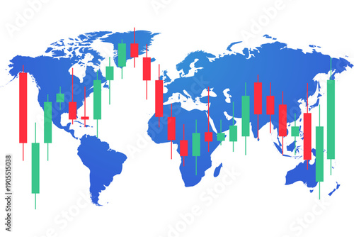 Global financial trends and market analysis visualized on a world map with candlestick charts illustrating trends and fluctuations worldwide