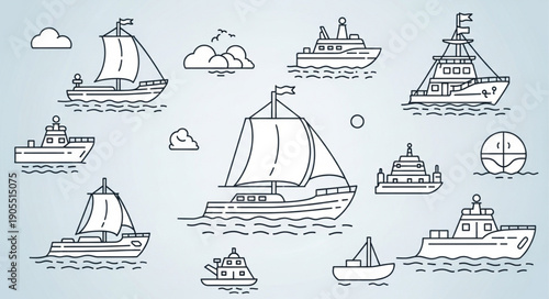 Collection of hand drawn ships and boats in a simple line art style.