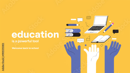 Dynamic vector illustration depicting modern education with digital tools, traditional books, and collaborative hands, symbolizing knowledge acquisition and back-to-school learning