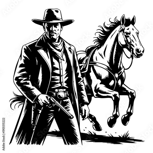 Bold Vector Western Illustration Featuring Cowboy With Revolver And Galloping Horse In High Contrast Classic Poster
