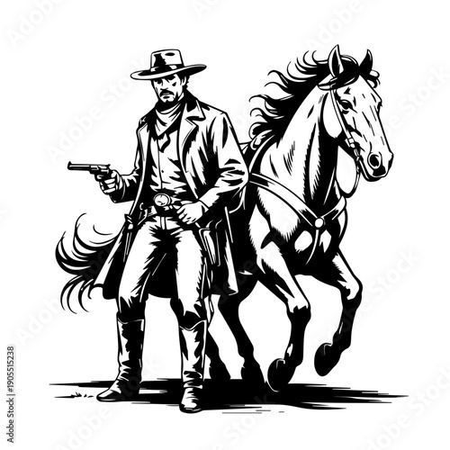 Bold Vector Western Illustration Featuring Cowboy With Revolver And Galloping Horse In High Contrast Classic Poster