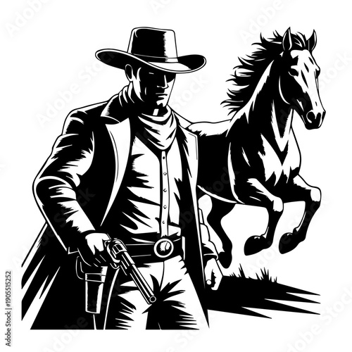 Bold Vector Western Illustration Featuring Cowboy With Revolver And Galloping Horse In High Contrast Classic Poster