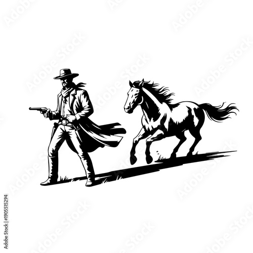 Bold Vector Western Illustration Featuring Cowboy With Revolver And Galloping Horse In High Contrast Classic Poster
