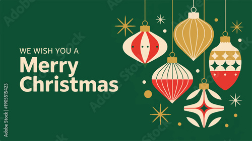 Elegant minimalist Christmas greeting card design with retro style baubles and festive decorative elements on a dark green background, perfect for seasonal greetings