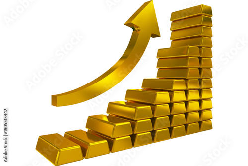 Golden bars stacked in ascending order with a shiny gold arrow pointing upwards