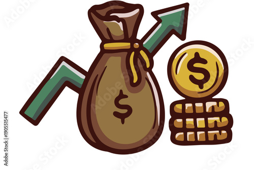 Financial growth illustration featuring a money bag and coins with an upward trending arrow indicating increased wealth.