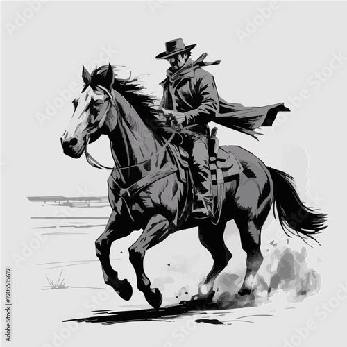 Bold Vector Western Illustration Featuring Cowboy With Revolver And Galloping Horse In High Contrast Classic Poster