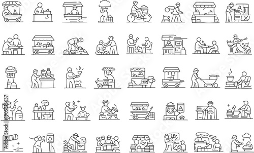 A Collection of Street Vendor Icons Featuring Various Activities and Situations