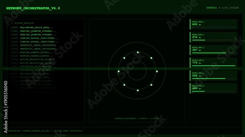 Cybersecurity Dashboard Interface with Green HUD, Data Processing Metrics, and System Integrity Monitor.