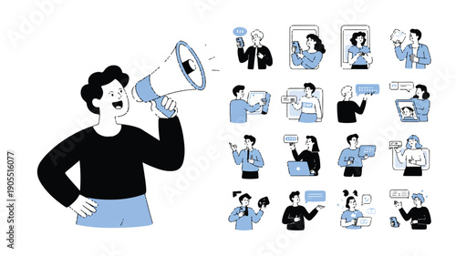 Minimalist Illustration Set Showcasing Communication and Technology in Modern Business Interactions