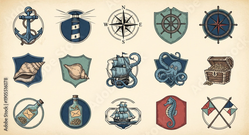 Collection of nautical emblems and symbols for maritime themes.