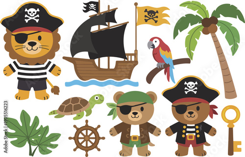 Cute Pirate Animals Flat Vector Illustration Set Lion, Bear, Parrot, and Ship Adventure