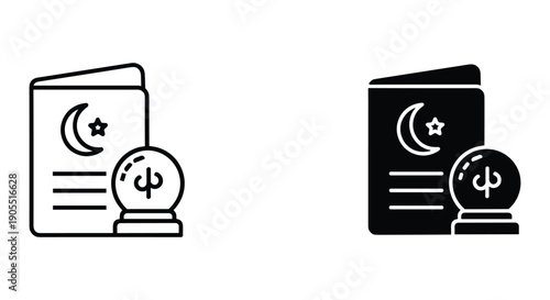 Astrology Book and Crystal Ball Icon Set with Moon Symbol