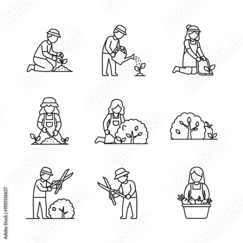 Vector illustrations of people gardening and pruning plants with various tools
