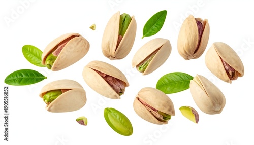 Isolated pistachios and green leaves float against a white backdrop, showcasing nuts and their vibrant green foliage
