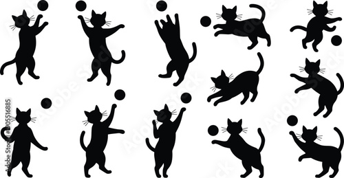 Cat silhouettes, playful feline vector, black white design, animal posture, pet icons, stock illustration, domestic cats, cartoon style, agility art