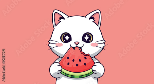 A cartoon white cat eating a slice of watermelon against a pastel pink background with a cute expression.