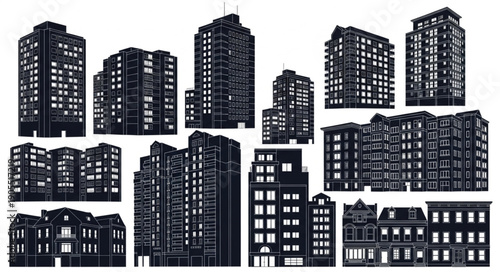 Collection of Silhouetted City Buildings and Skyscrapers.