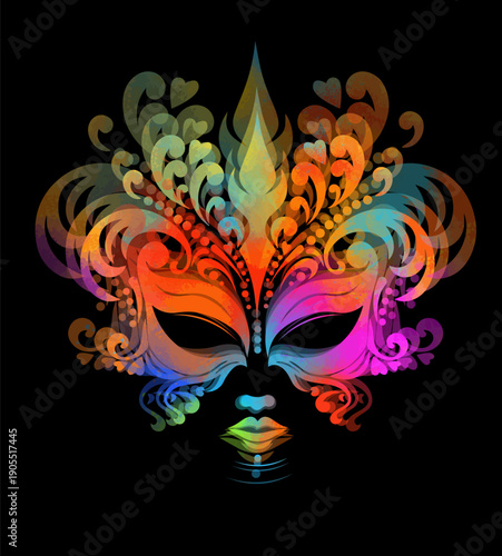 Carnival Festive colored mask on a black background. Hand drawn. Not AI, vector illustration