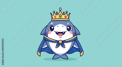 Cartoon illustration of a smiling shark wearing a crown and cape against a light blue background with a playful mood.