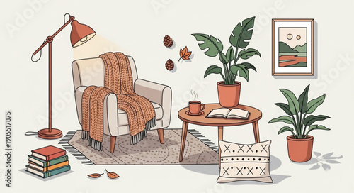 Cozy living room scene with armchair and plants.