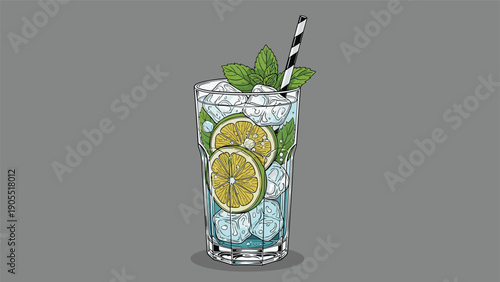 Tall glass of refreshing lemonade is packed with ice cubes, citrus slices, fresh mint leaves, and a striped straw.