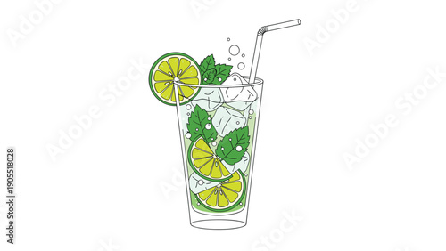 Classic mojito cocktail glass with a curved straw features plenty of lime slices, mint leaves, and ice cubes.