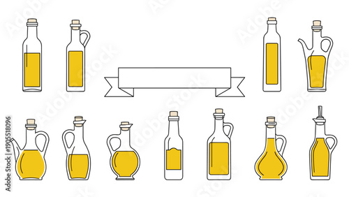 Collection of glass oil bottles and carafes with cork stoppers featuring yellow liquid for kitchen and cooking illustrations.