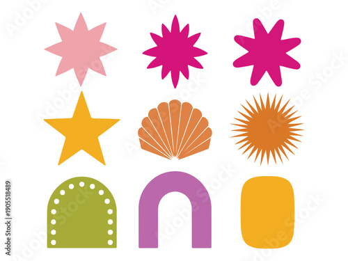 Group of colorful abstract graphic elements including stars, shell and arch shapes