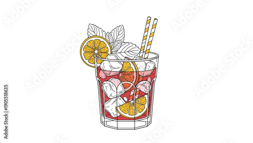Refreshing tall glass of red fruit cocktail with ice cubes, orange slices, and fresh mint leaves is ready to enjoy.