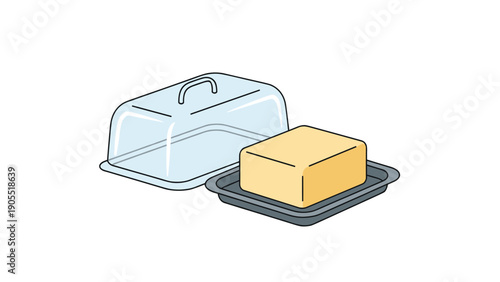 Traditional butter dish with a transparent glass cover holds a fresh block of yellow butter on a simple tray.
