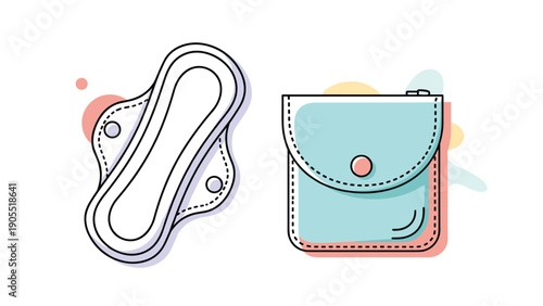 Eco-friendly reusable cloth menstrual pad is shown alongside its compact travel storage pouch in pastel colors.