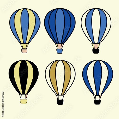 Six floating hot air balloons in flat design 