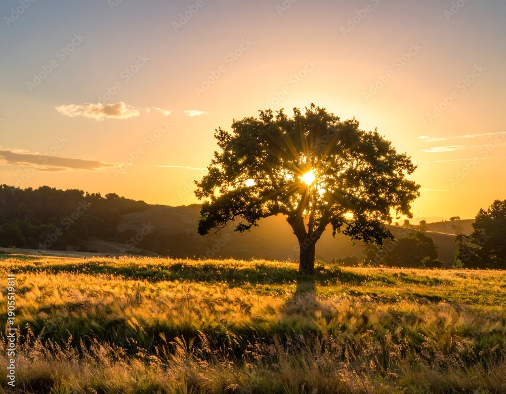 Fototapeta premium Lone tree in golden field, sun shining through leaves, hills in background under a vibrant sunset sky