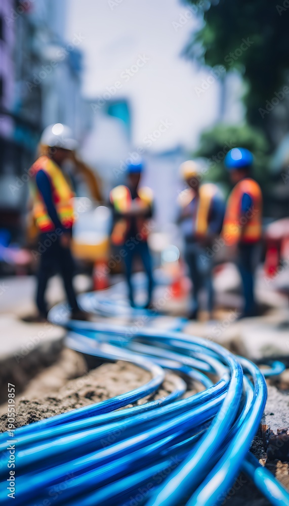 Fototapeta premium City infrastructure workers install vital fiber optic cables beneath a modern urban roadway