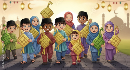 Diverse group of children celebrating Eid al-Fitr holding ketupat.