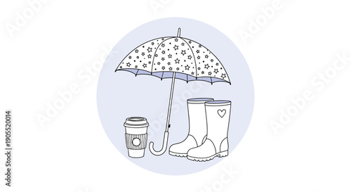Rainy day essentials including umbrella with star patterns alongside rubber boots and coffee cup on a light blue circle background.