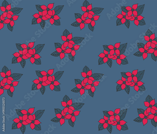 Repeating pattern of bold red flowers with layered grey green leaves on a muted blue grey background, evenly spaced in a flat, modern, minimalist style that feels bright, clean, and decorative