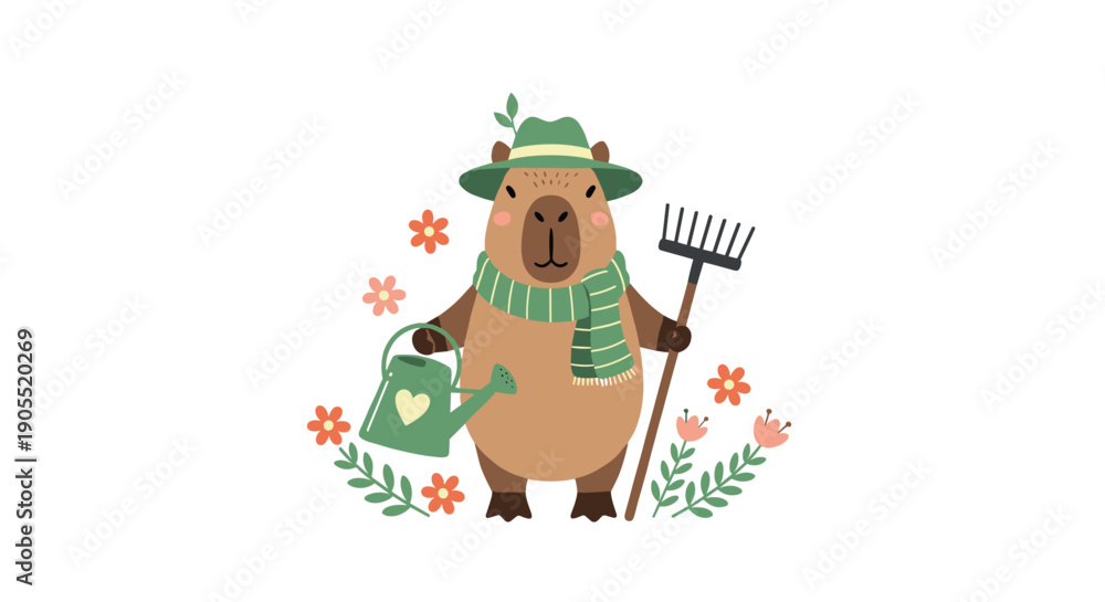 Naklejka premium Cute capybara character dressed as a gardener wearing a hat and scarf holding a watering can and a rake surrounded by spring flowers.