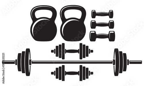 Kettlebell, Dumbbell and Barbell Gym Equipment Silhouette Vector Set
