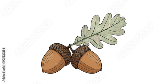 Detailed illustration of two brown acorns attached to a single stem with a large oak leaf featuring intricate textured vein patterns.