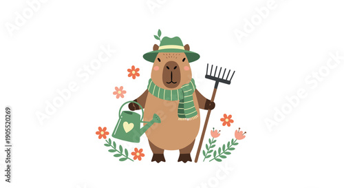 Cute capybara character dressed as a gardener wearing a hat and scarf holding a watering can and a rake surrounded by spring flowers.