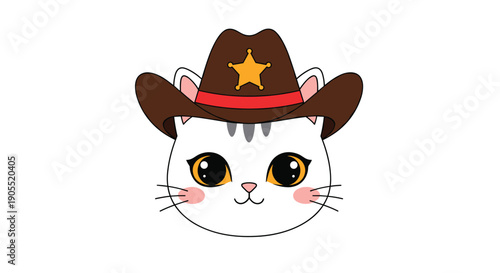 Cute white cat head wearing a brown cowboy hat with a red band and a golden sheriff star on a plain white background.
