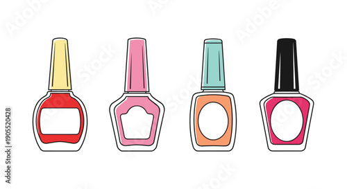 Set of four nail polish bottles in various shapes and colors including red, pink, orange, and magenta on a white background.